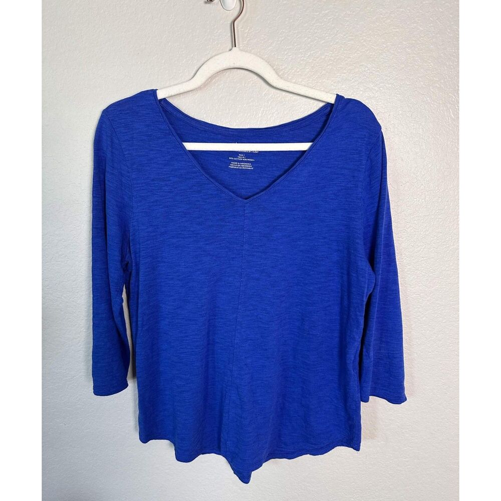 Chico's The Ultimate Tee Blue V-Neck 3/4 Sleeve Slub Knit Top Size 1 Medium